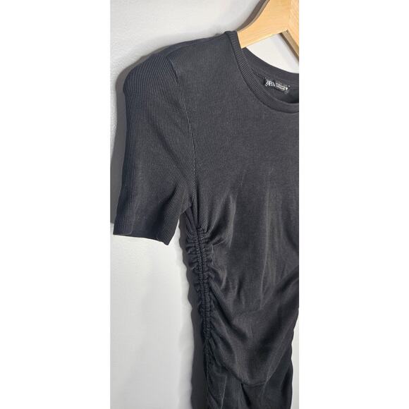 Zara Womens Dress Medium Black Ribbed Crew Neck Ruched Sides Knit Mini Short - Picture 5 of 11